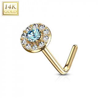 Piercing nez or 14 carats  embout rond bleu ciel et clair - Tige L