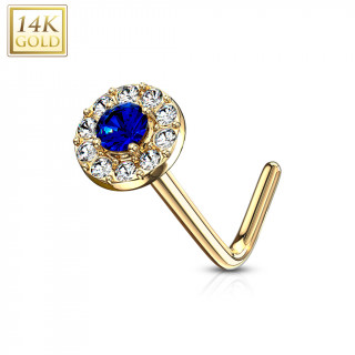 Piercing nez or 14 carats  embout rond bleu et clair - Tige L