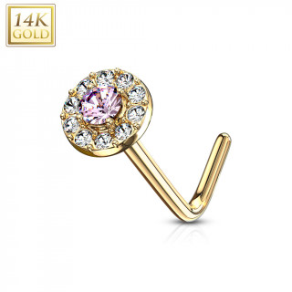 Piercing nez or 14 carats  embout rond clair et rose - Tige L