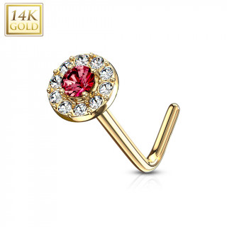 Piercing nez or 14 carats à embout rond rouge et clair - Tige L