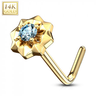 Piercing nez or 14 carats  toile sertie - Bleu aqua - Tige L