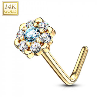 Piercing nez or 14 carats  fleur tincelante - Clair et aqua - Tige L