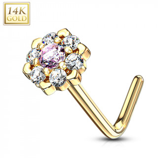 Piercing nez or 14 carats  fleur tincelante - Clair et rose - Tige L