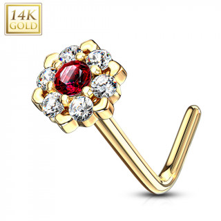 Piercing nez or 14 carats à fleur étincelante - Clair et rouge - Tige L