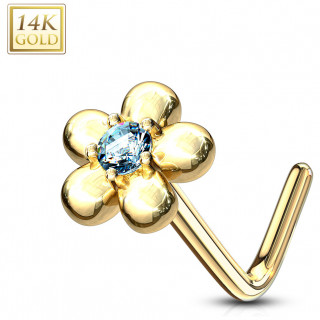 Piercing nez or 14 carats fleur sertie  ptales ronds - Aqua - Tige L