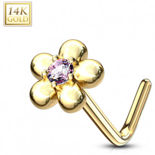 Piercing nez or 14 carats fleur sertie  ptales ronds - Rose - Tige L