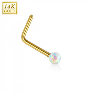 Piercing nez or jaune 14 carats avec Opale synthtique blanche