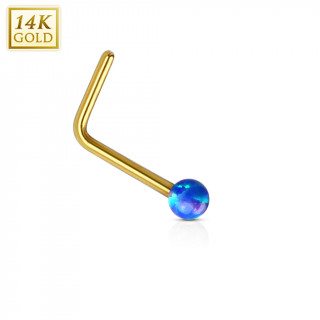 Piercing nez or jaune 14 carats avec Opale synthtique bleue