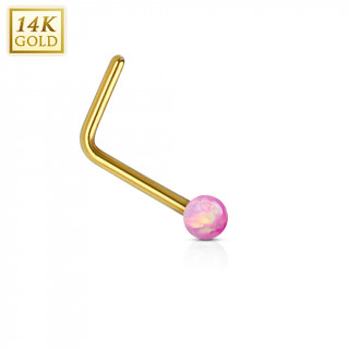 Piercing nez or jaune 14 carats avec Opale synthtique rose