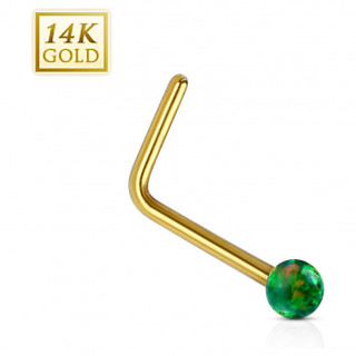 Piercing nez or jaune 14 carats avec Opale synthtique verte