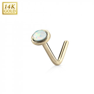 Piercing nez or jaune 14 carats à Opale blanche - tige "L"