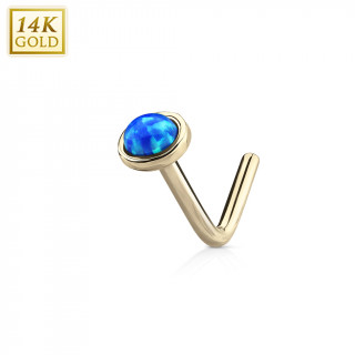 Piercing nez or jaune 14 carats  Opale bleue - tige "L"