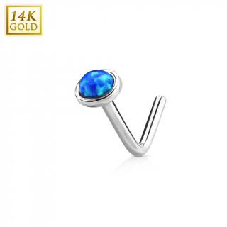 Piercing nez or blanc 14 carats à Opale bleue - tige "L"