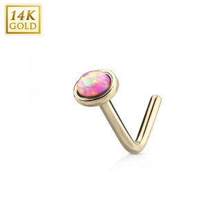 Piercing nez or jaune 14 carats  Opale rose - tige "L"