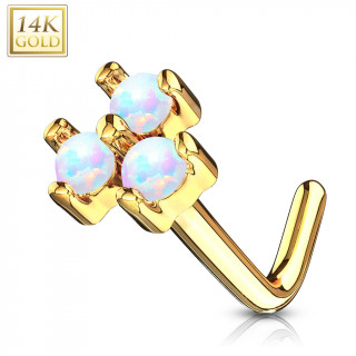 Piercing nez or jaune 14 carats tige L  trio d'Opales blanches