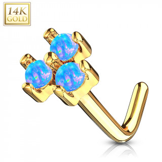 Piercing nez or jaune 14 carats tige L  trio d'Opales bleues