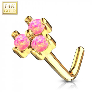 Piercing nez or jaune 14 carats tige L  trio d'Opales roses