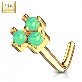 Piercing nez or jaune 14 carats tige L  trio d'Opales vertes