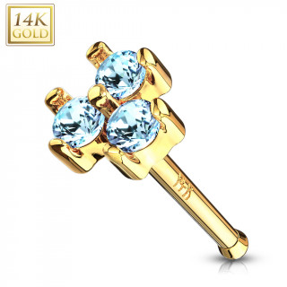 Piercing nez or jaune 14 carats à trio de zirconiums bleus