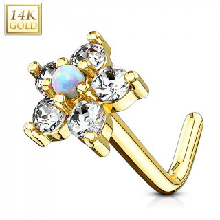 Piercing nez or jaune 14k tige L  fleur de zirconiums et opale blanche