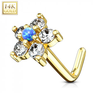 Piercing nez or jaune 14k tige L  fleur de zirconiums et opale bleue