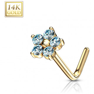 Piercing nez or jaune 14k tige L  fleur de zirconiums - Bleu aqua