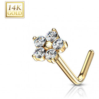 Piercing nez or jaune 14k tige L  fleur de zirconiums - Clair