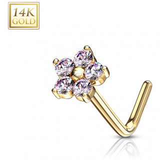 Piercing nez or jaune 14k tige L  fleur de zirconiums - Rose