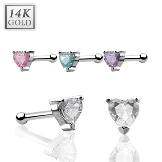 Piercing nez stud en or blanc 14 carats avec coeur de zirconium