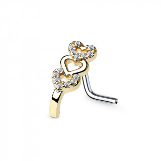 Piercing nez tige "L"  barette trio de coeurs dors sertis