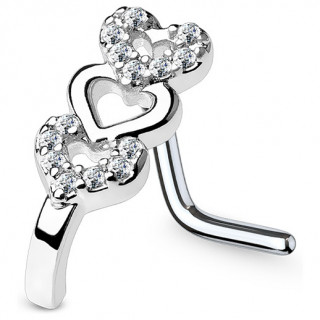 Piercing nez tige "L"  barette trio de coeurs sertis