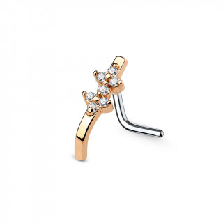 Piercing nez tige "L"  barrette plie cuivre avec double fleur strass