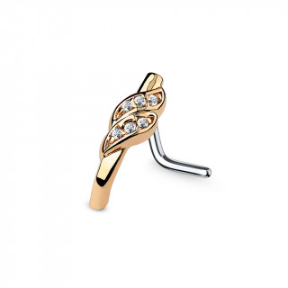 Piercing nez tige "L"  barrette plie cuivre  feuilles serties