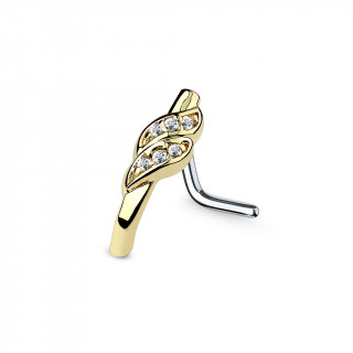 Piercing nez tige "L"  barrette plie dore  feuilles serties