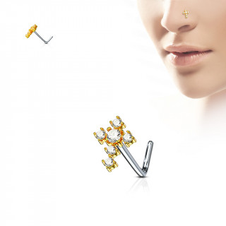 Piercing nez tige "L"  croix de strass - Dor