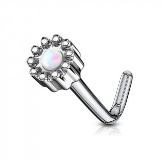 Piercing nez tige L à fleur abstraite sertie d'une Opale blanche