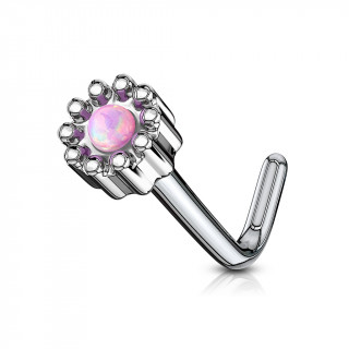 Piercing nez tige L  fleur abstraite sertie d'une Opale rose