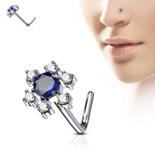 Piercing nez tige "L"  fleur scintillante de strass - clair et bleu