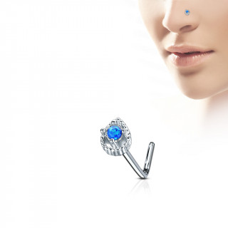 Piercing nez tige "L"  goutte sertie d'une opale bleue