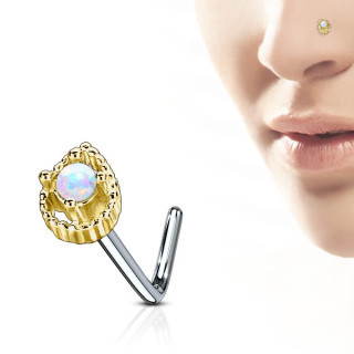 Piercing nez tige "L" à goutte sertie d'une opale - Doré