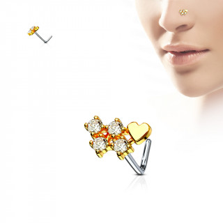 Piercing nez tige "L"  grappe de strass et coeur - Dor