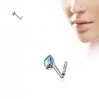 Piercing nez tige "L"  larme strass perle - bleu aqua