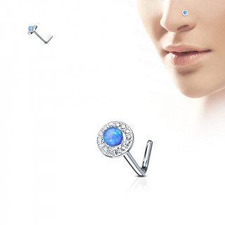 Piercing nez tige "L" à opale bleue cerclée de strass