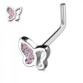 Piercing nez tige "L"  papillon aile strass roses