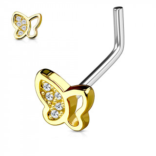 Piercing nez tige "L"  papillon dor  aile strass