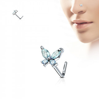 Piercing nez tige "L"  papillon serti - bleu aqua