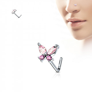 Piercing nez tige "L"  papillon serti - rose