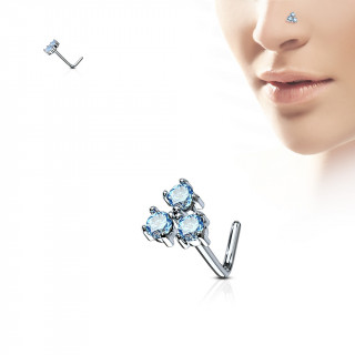 Piercing nez tige "L"  trio de strass en triangle - bleu aqua