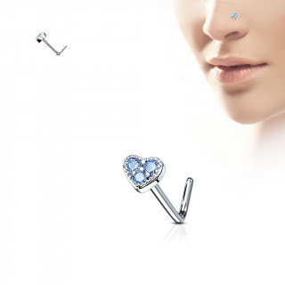 Piercing nez tige "L" coeur  3 strass aqua