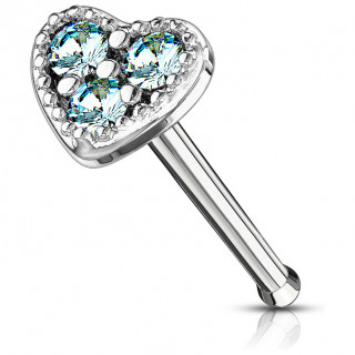 Piercing nez tige droite coeur  3 strass bleu aqua